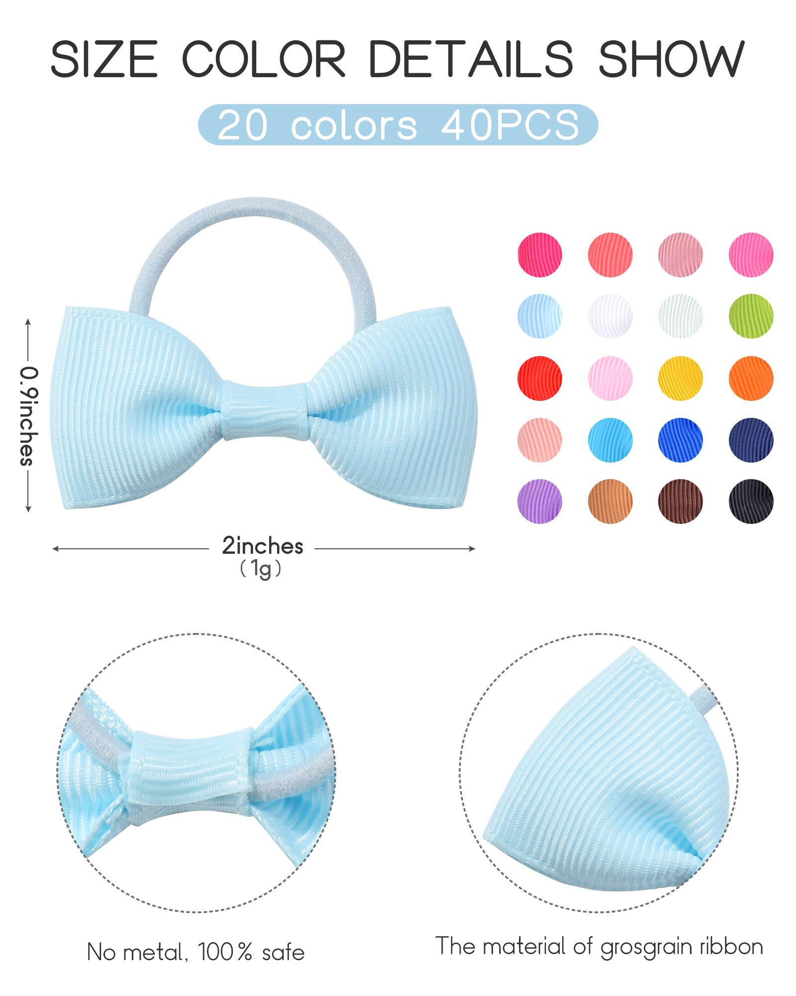 40PCS 2 Inches Baby Girls Hair Bows Ties Mini Boutique Elastic Hair Rubber Ribbon Hair Band Accessories for Kids Toddlers Infant