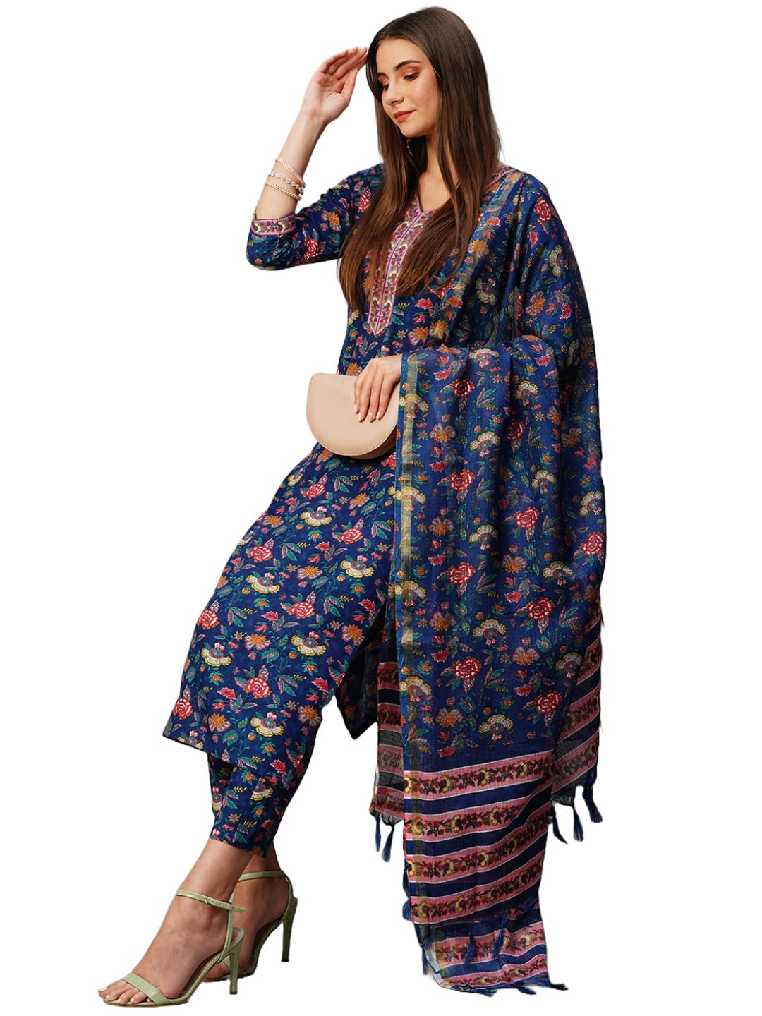 Anni Designer Women'S Cotton Blend Straight Printed Kurta With Pant & Dupatta (Jdp Blue-Kbv_M_Blue_Medium),Blue,M