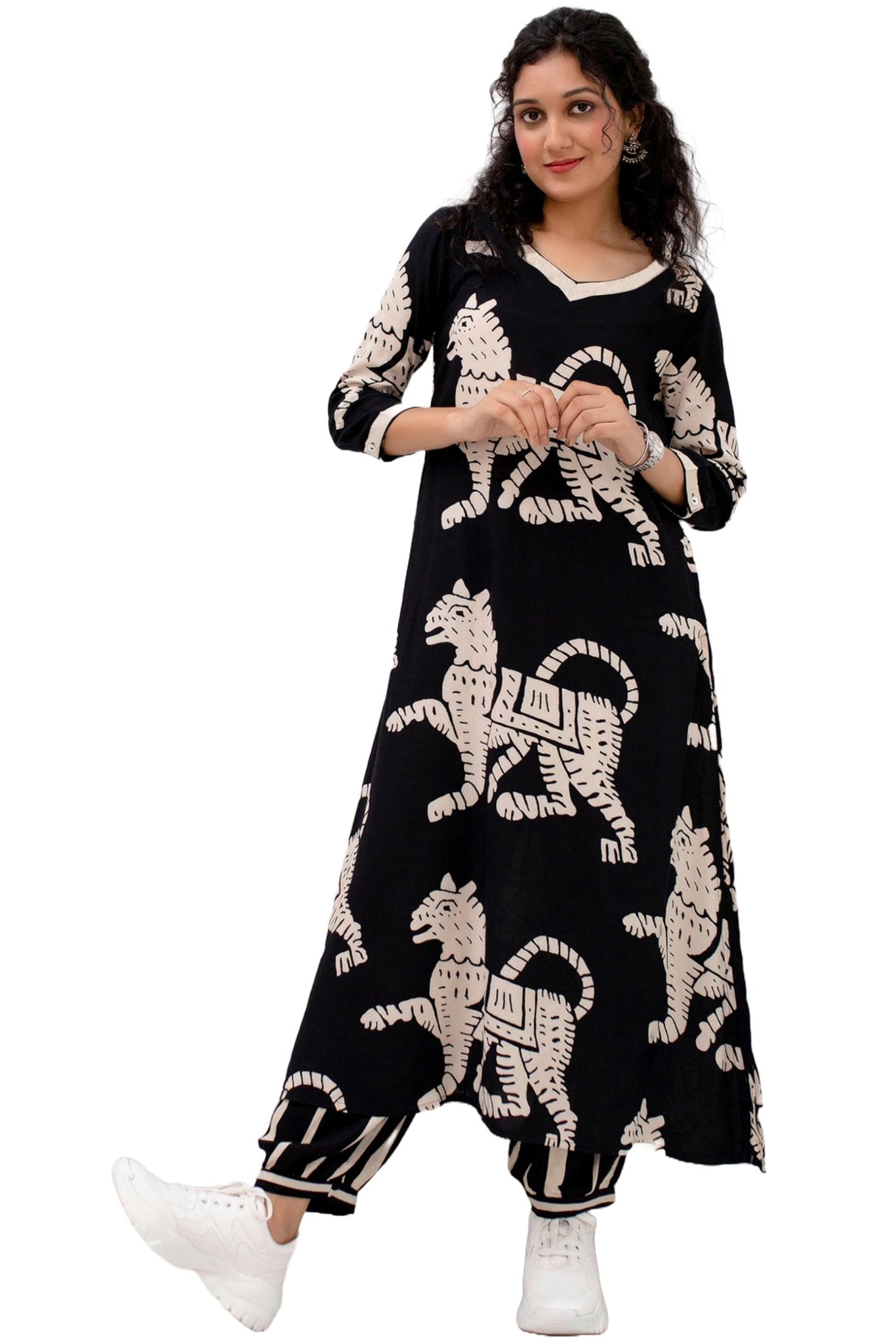 Anni Designer Women'S Cotton Blend Printed Straight Kurta With Pant (Lanka Black_2306 Medium),Black,M