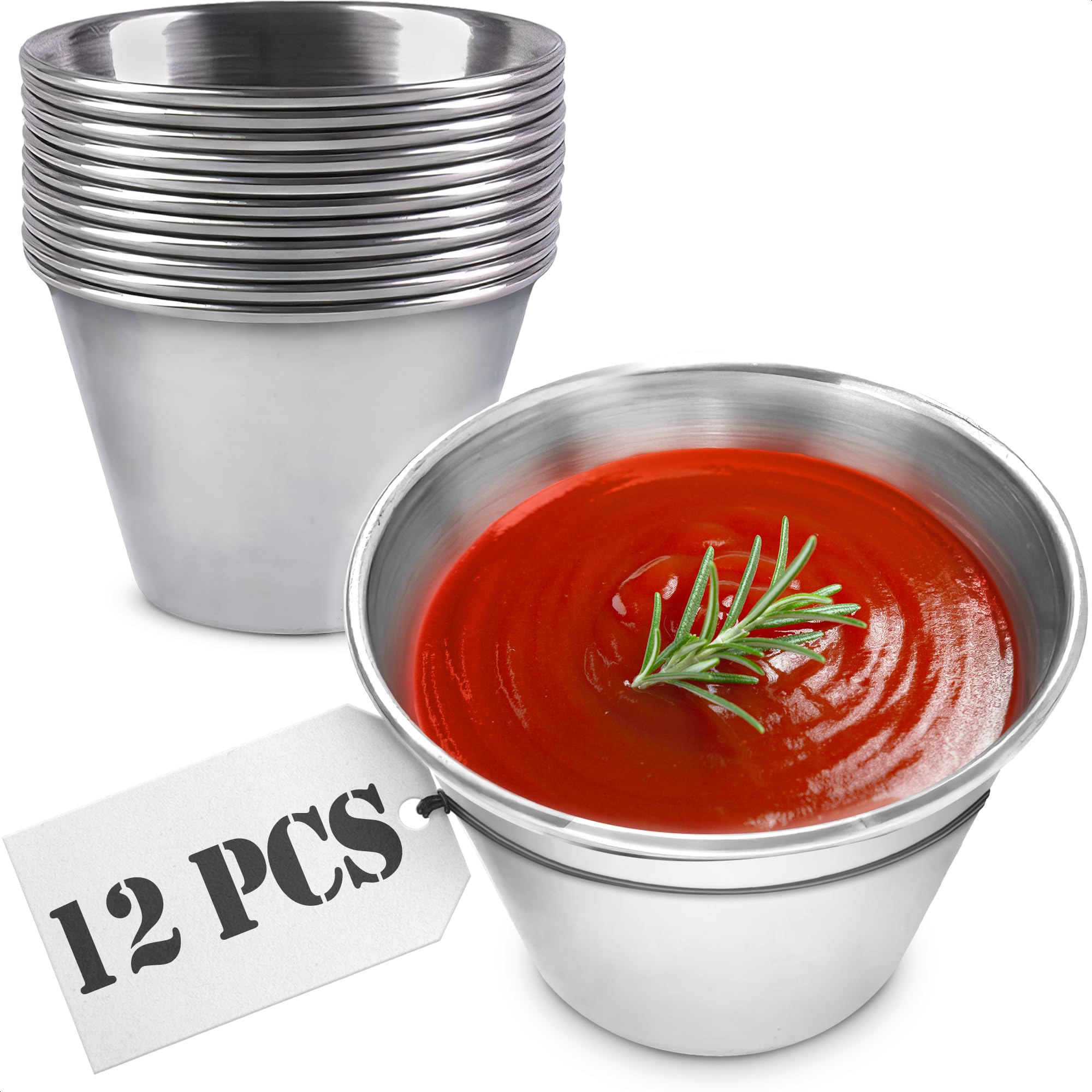 12Pcs Round Stainless Steel Sauce Cup - 2.5 Oz Dipping Sauce Cups Reusable Small Sauce Bowls Mixing Cups Ramekins with Lids Sauc
