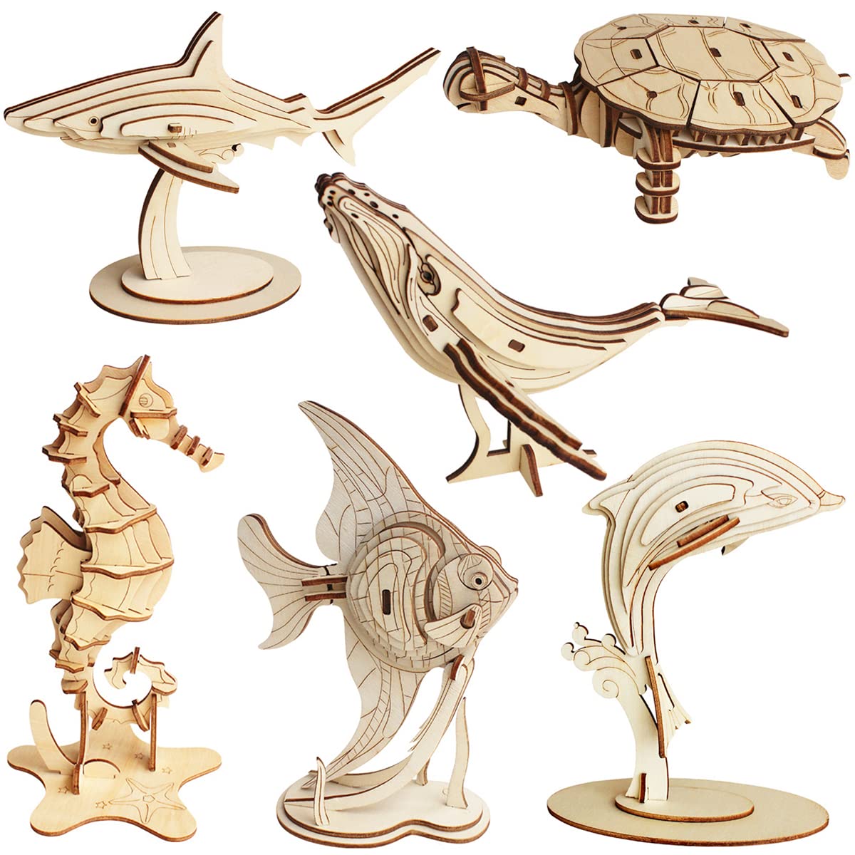 3D Wooden Sea Animal Puzzle - 6 Piece Set Wood Sea Animals Skeleton Assembly Model Kits - Wooden Crafts DIY Brain Teaser Puzzle 