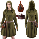 Toulite Women Viking Costume Medieval Renaissance Costume Hooded Dress Viking Belt Leather Pouch Belt, Army Green, XLarge