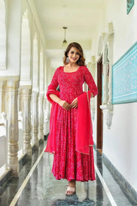 Gosriki Women'S Rayon Blend Anarkali Printed Kurta With Pant & Dupatta (Elegant Pink-Gs_S_Pink_Small),Pink,,B0DD78NHBG