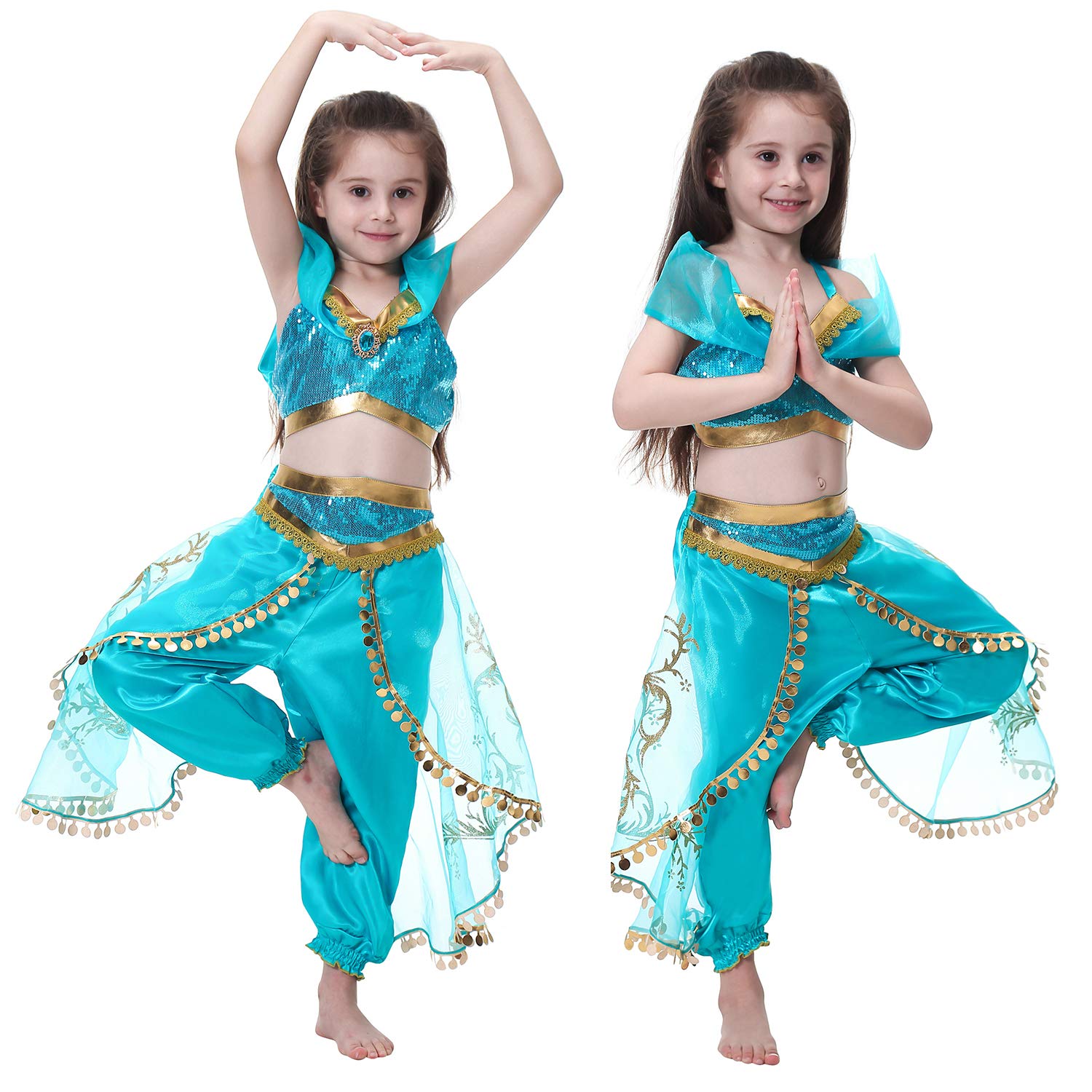 Princess Jasmine Costume Dress Up Clothes Fancy Sequined Arabian Outfit Attire with Tiara Wand Gloves Accessories Set for Little