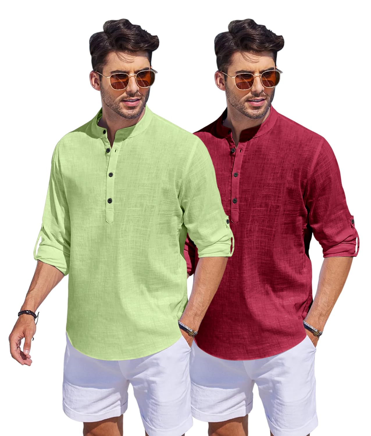 Bellstone Men'S Cotton Blend Solid Regular Dress Shirt (Kurta1500_Combo_L Green & Burgundy_L_Light