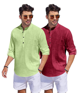 Bellstone Men'S Cotton Blend Solid Regular Dress Shirt (Kurta1500_Combo_L Green & Burgundy_L_Light