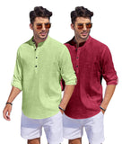 Bellstone Men'S Cotton Blend Solid Regular Dress Shirt (Kurta1500_Combo_L Green & Burgundy_Xl_Light
