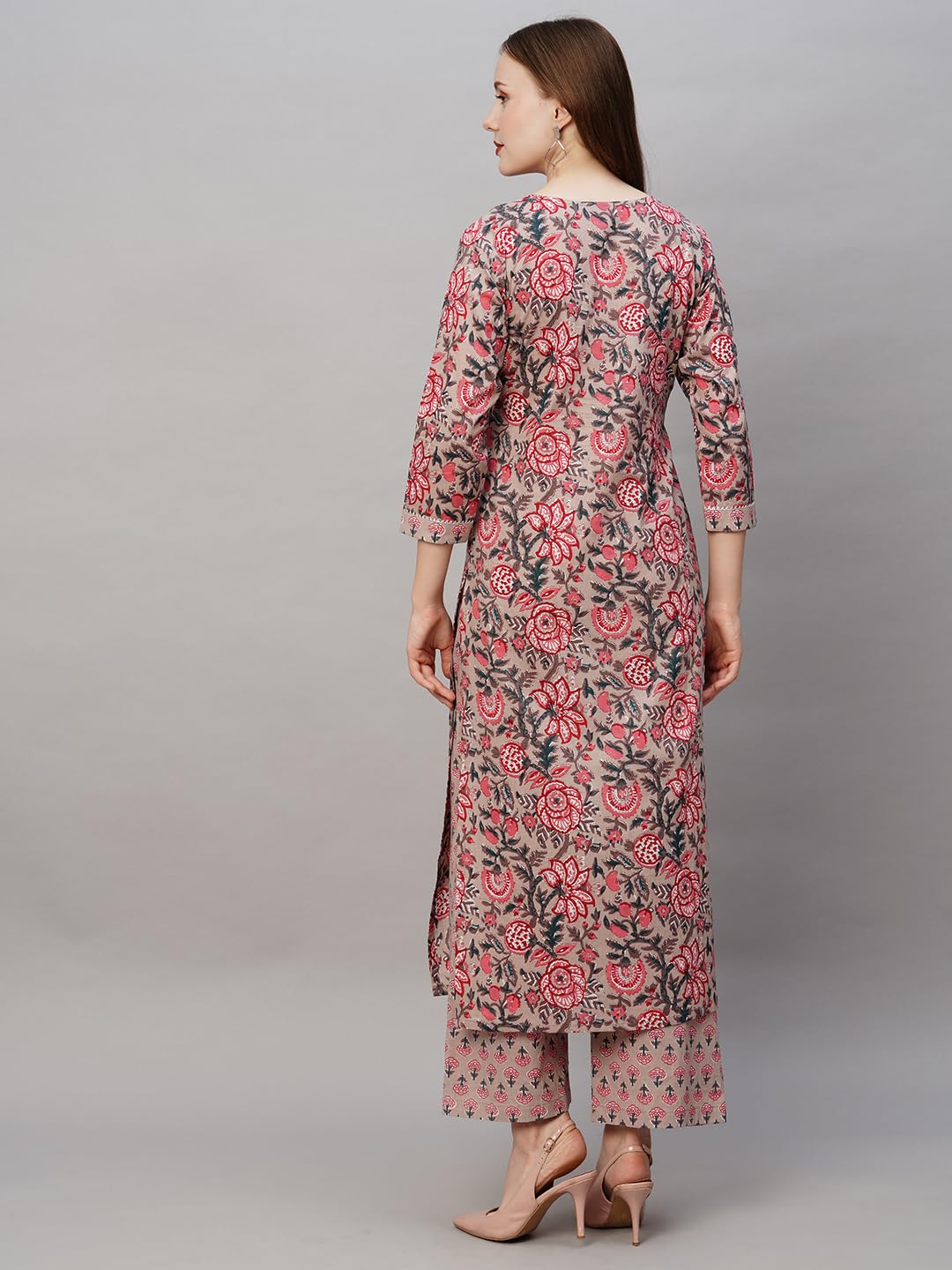 Anni Designer Women'S Cotton Blend Printed Straight Kurta With Pant (Rohila Peach_L_Peach_Large),Peach,L,Cotton Blend,Regular,Kurta & Pant Set
