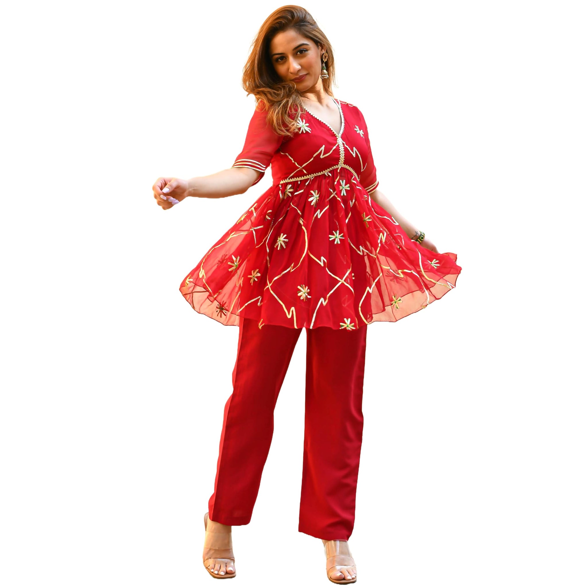 Anni Designer Women'S Georgette Embroidered Short Kurta With Pant Set (Kaka Red_Xxl_Red_Xx-Large),Red,2XL