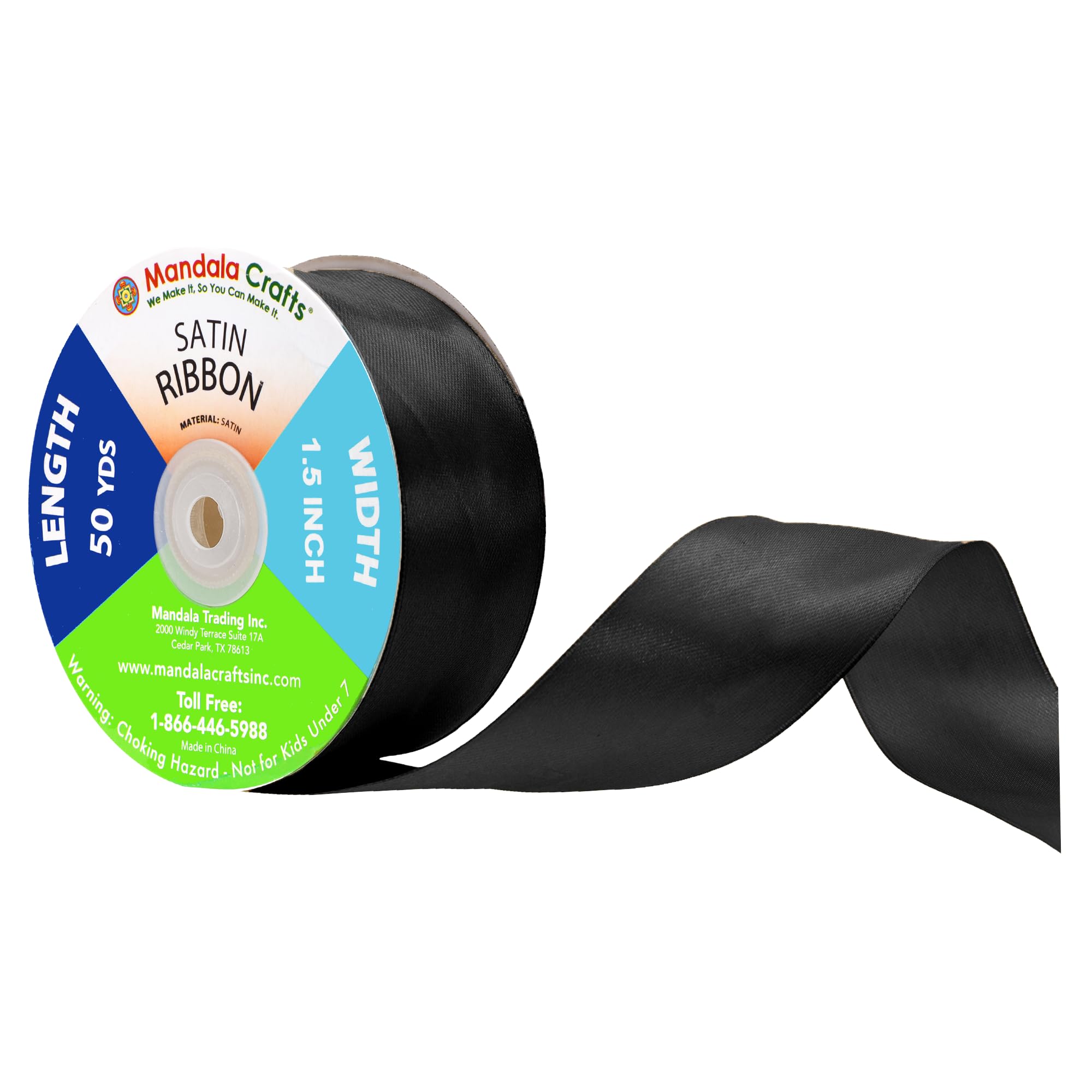 Mandala Crafts Black Satin Ribbon for Crafts - 50 Yards 1.5 Inch Wide Fabric Ribbons for Gift Wrapping, Flower Bouquets, Hair Bo
