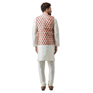 Sojanya (Since 1958 Men'S Silk Off-White Kurta Pyjama & Maroon Printed Nehru Jacket Set Size M