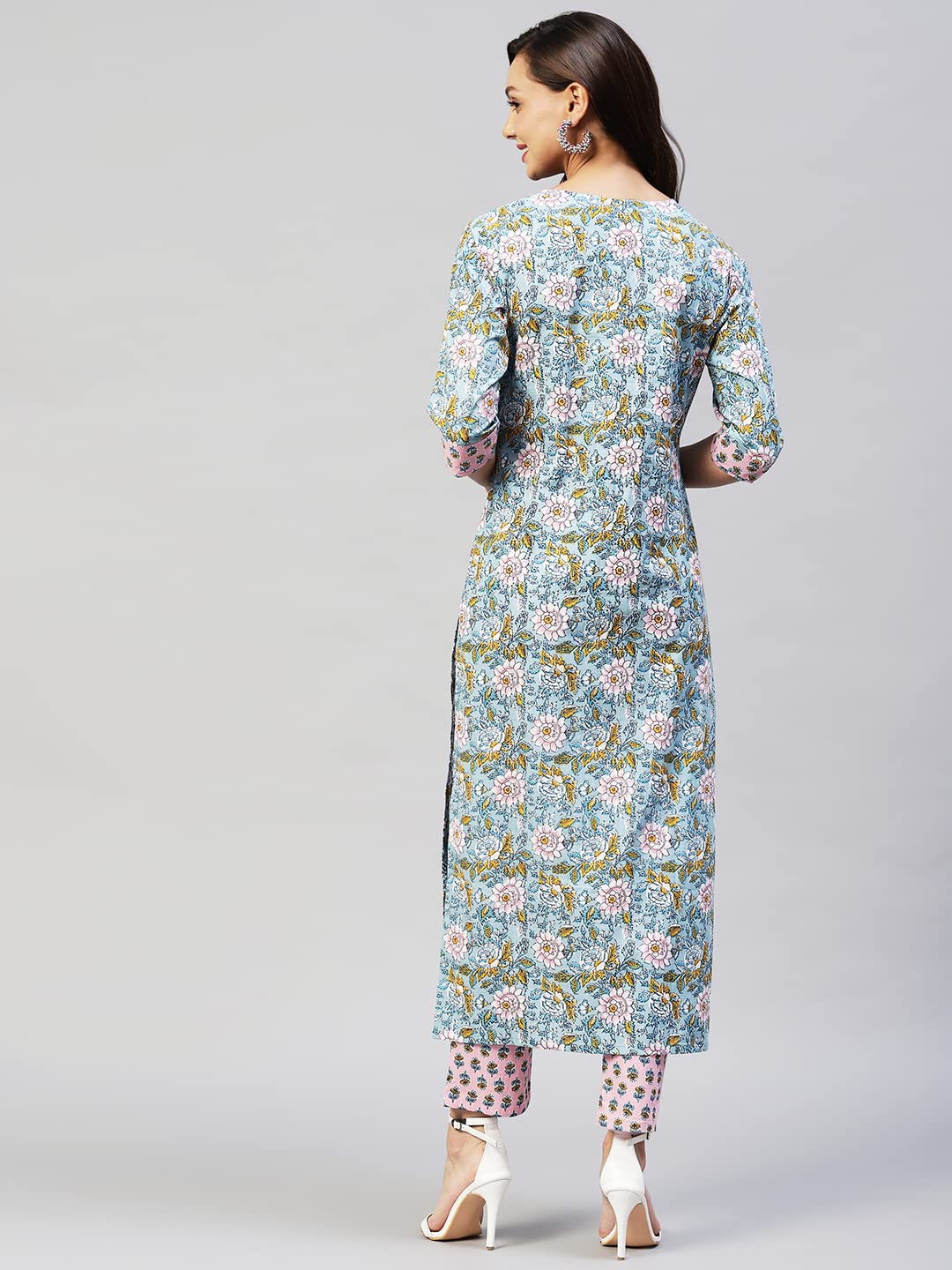 Gosriki Women'S Cotton Blend Straight Printed Kurta With Palazzo (Nampati Blue_S-Go_Blue_Small),Blue,,B0B9XZBX4K