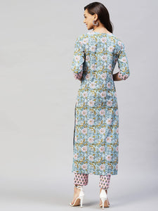 Gosriki Women'S Cotton Blend Straight Printed Kurta With Palazzo (Nampati Blue_S-Go_Blue_Small),Blue,,B0B9XZBX4K