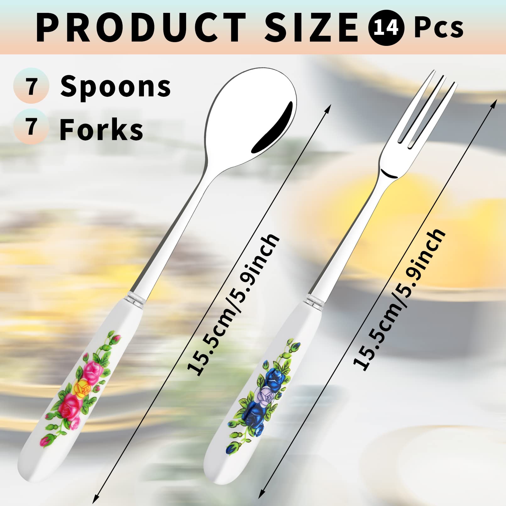 14 Pcs Dessert Forks and Spoons Silverware Set,Stainless Steel Small Appetizer Forks,Mini Coffee Spoons Salad Fork with Ceramics