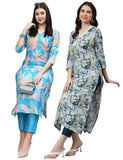 Gosriki Women'S Cotton Blend Printed Straight Kurta With Pant Pack Of 2 (Jonaki Blue-Southz Blue-Gs_M_Multi_Medium),Multicolour,,B0D6KX5MJM