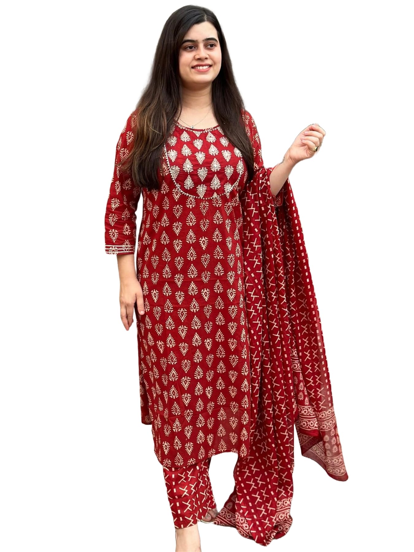 Gosriki Women'S Rayon Blend Printed Straight Kurta With Pant & Dupatta (Mau Red-Gs_L_Red_Large),Red,,B0D9YTT3ND
