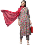 Anni Designer Women'S Pure Cotton Printed Straight Kurta Pant & Dupatta (Sunu Green_M_Multi_Medium),Multicolour,M
