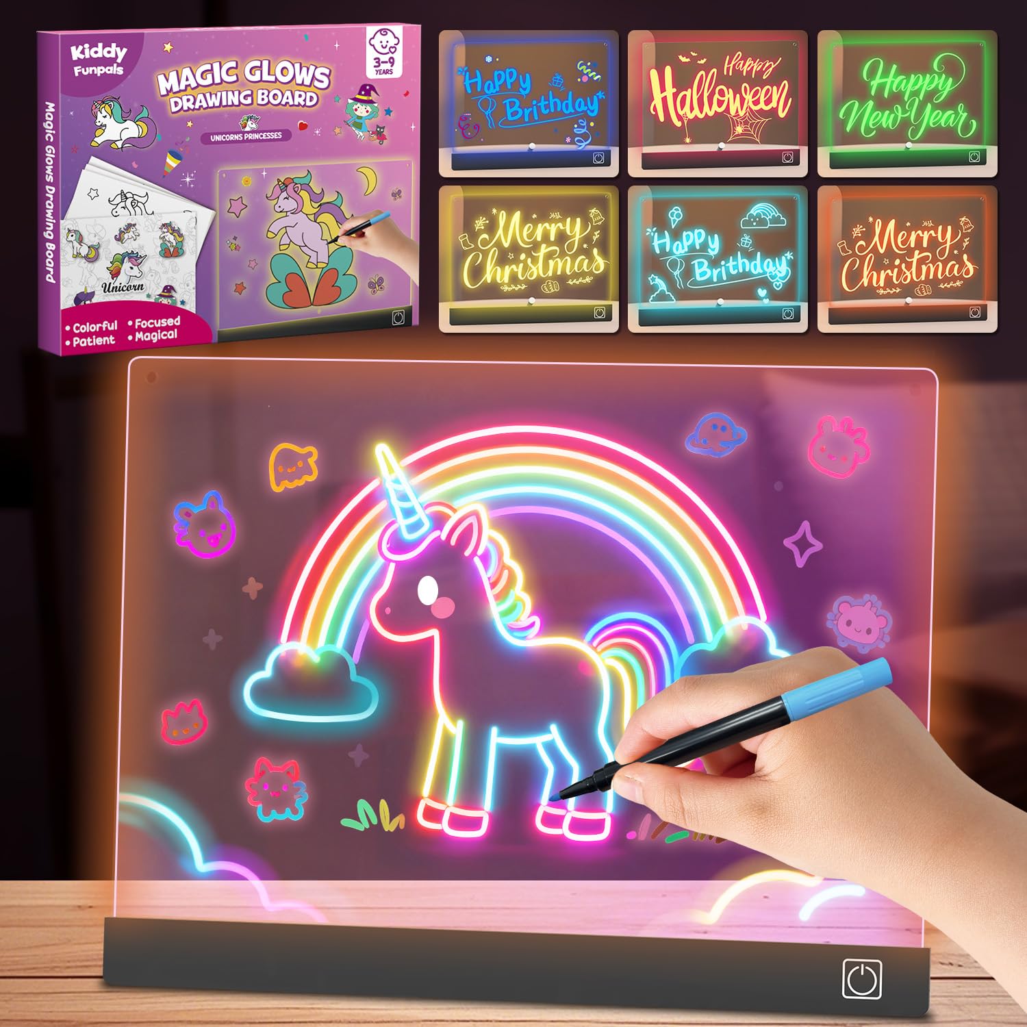 Lumiboards LED Drawing Board for Kids - 7 Colors DIY Doodle Glow Board with 7 Markers, 10 Tracing Sheets - Unicorn Toys for Girl