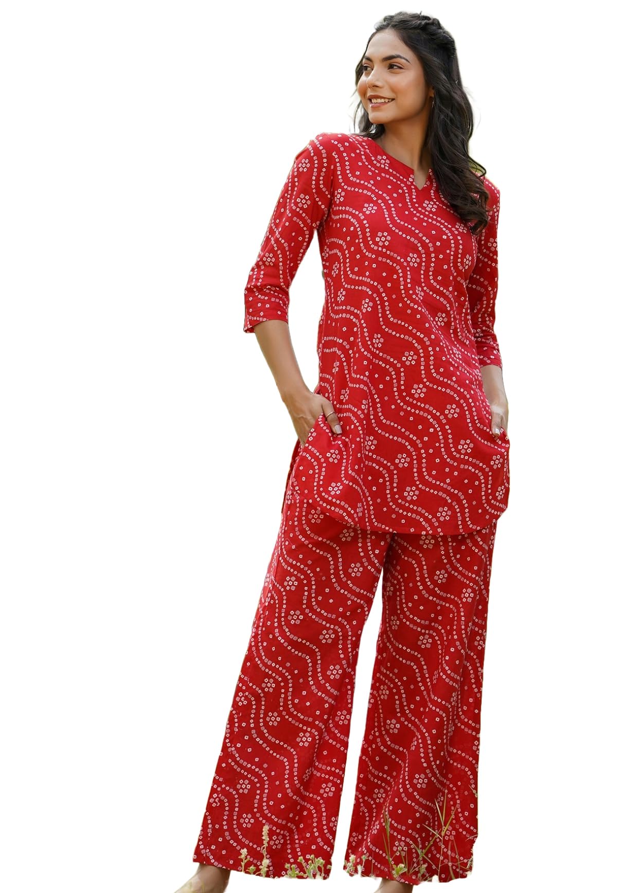 Gosriki Women'S Rayon Blend Straight Bandhej Printed Kurta With Pant (Nesta Red-Gs_Xl_Red_X-Large),Red,,B0CX1CYKLZ