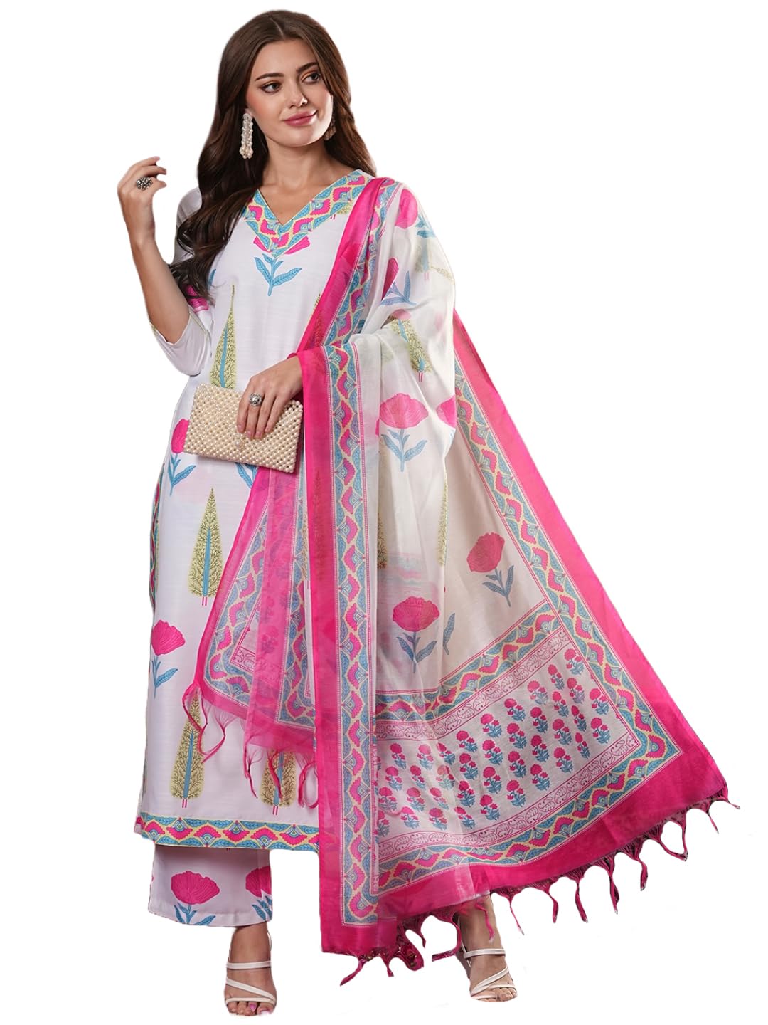 Anni Designer Women'S Rayon Blend Straight Printed Kurta With Pant & Dupatta (Ziggi White-Vks01_Xxl_White_Xx-Large),White,2XL,,,