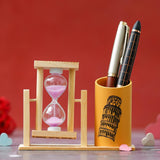 Webelkart Premium Wooden Hour Glass Timer Pen/Pencil Stand For Office/Home Decor |Office Desk Storage With Drawer File Organizer