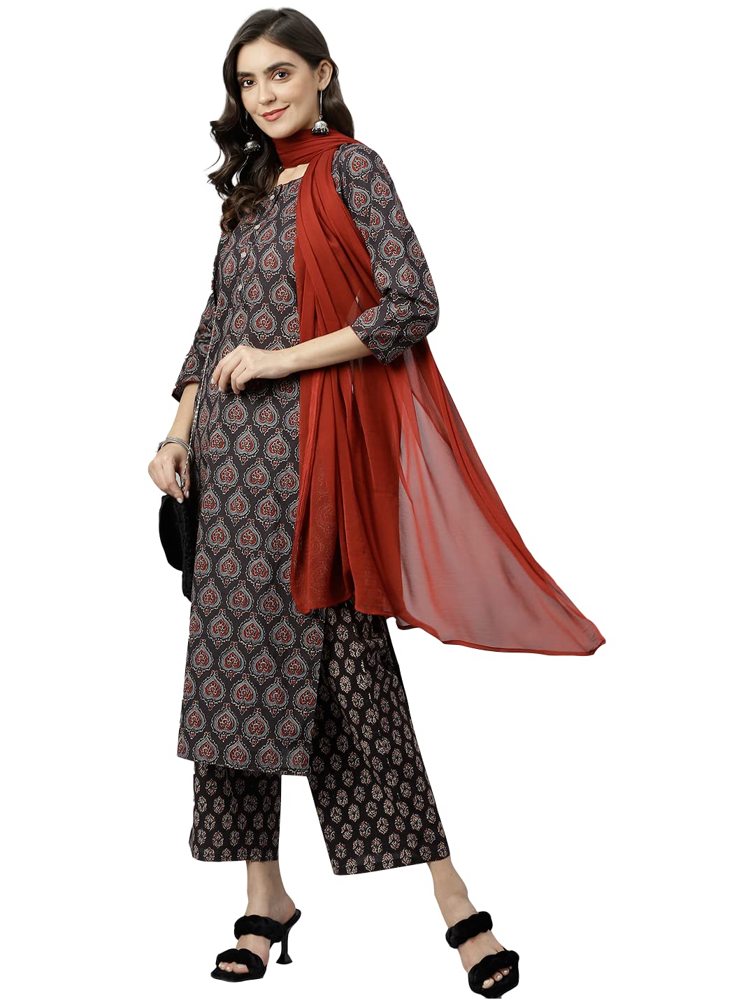 Anni Designer Women'S Cotton Blend Straight Printed Kurta With Palazzo & Dupatta (Anky Brown_L_Brown_Large),Brown,L
