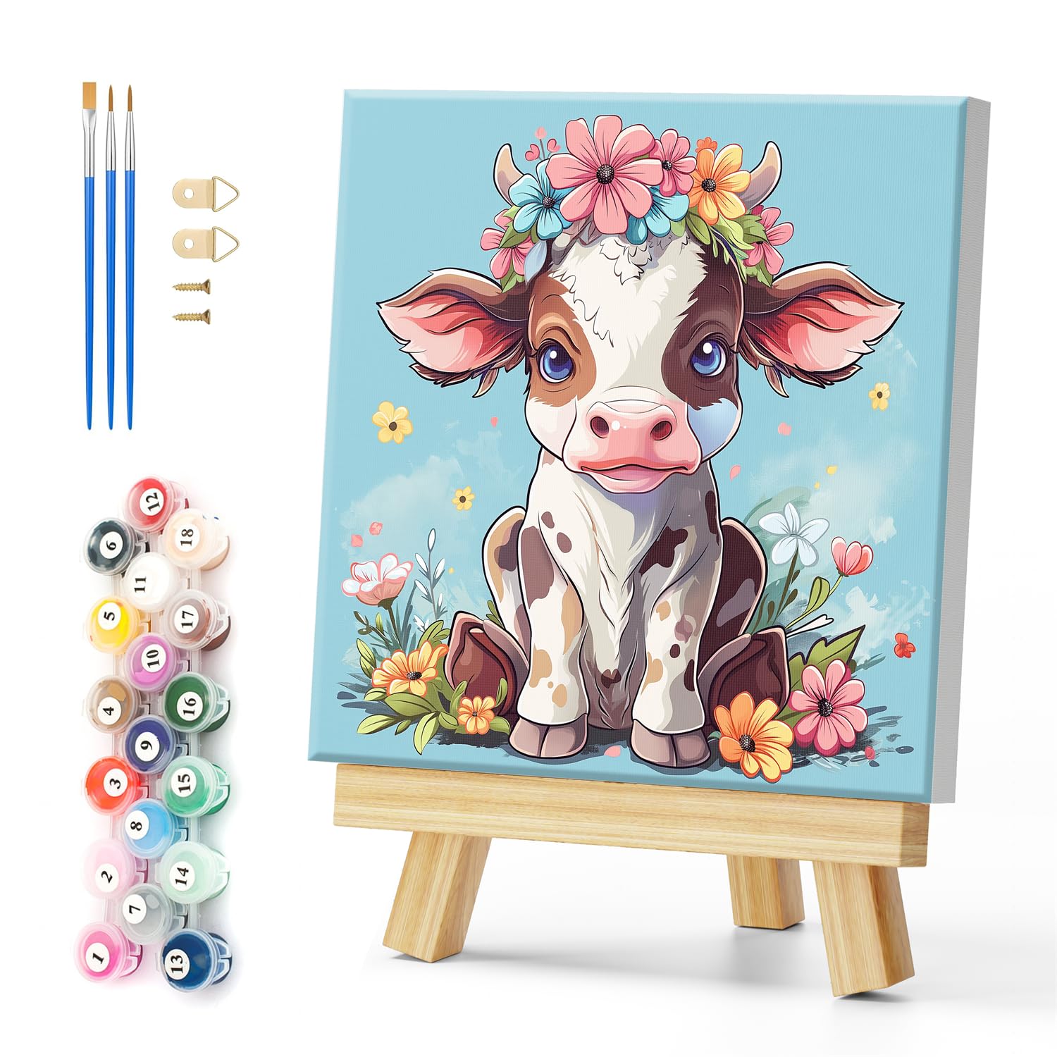 Natuyalo Paint by Numbers Kit for Adults Framed - Cow and Flowers Paint by Number on Canvas with Frame, Animal DIY Acrylic Paint
