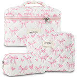 GISMTR 3Pcs Makeup Bag Cotton Quilted Travel Cosmetic Bag Cute Floral Makeup Pouch Large Toiletry Bag for Women Girls (Bow-Pink4