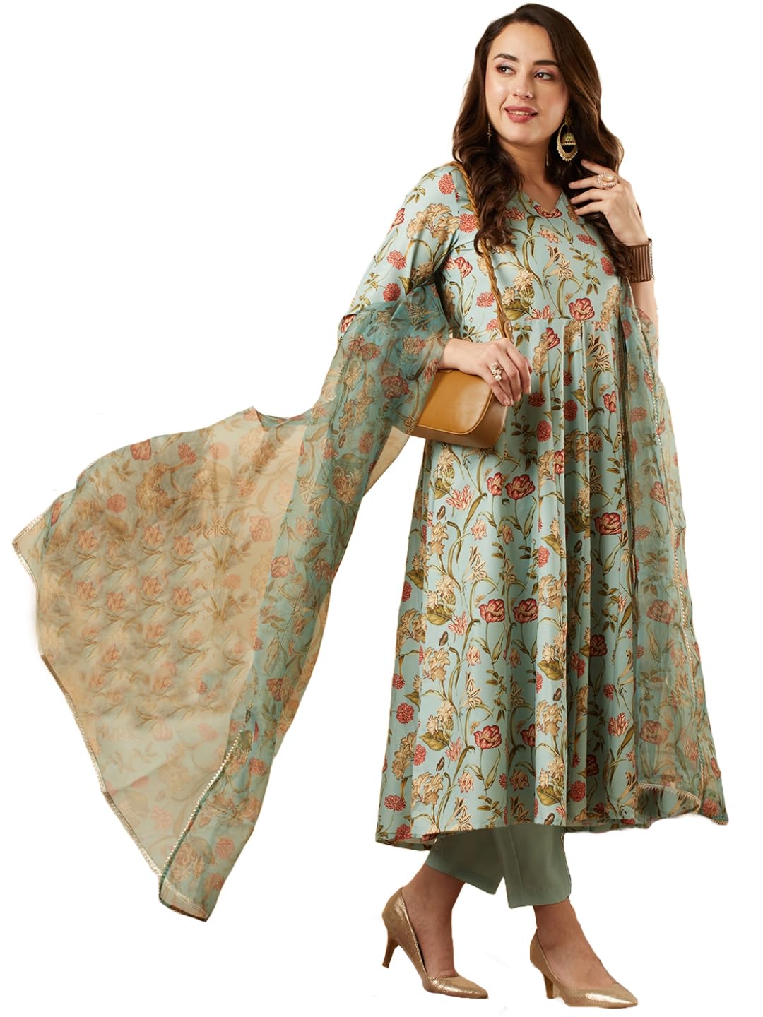 Gosriki Women'S Cotton Blend Anarkali Printed Kurta With Pant & Dupatta (Meets-Green-Gs_S_Green_Small),Green,,B0CJY793RH