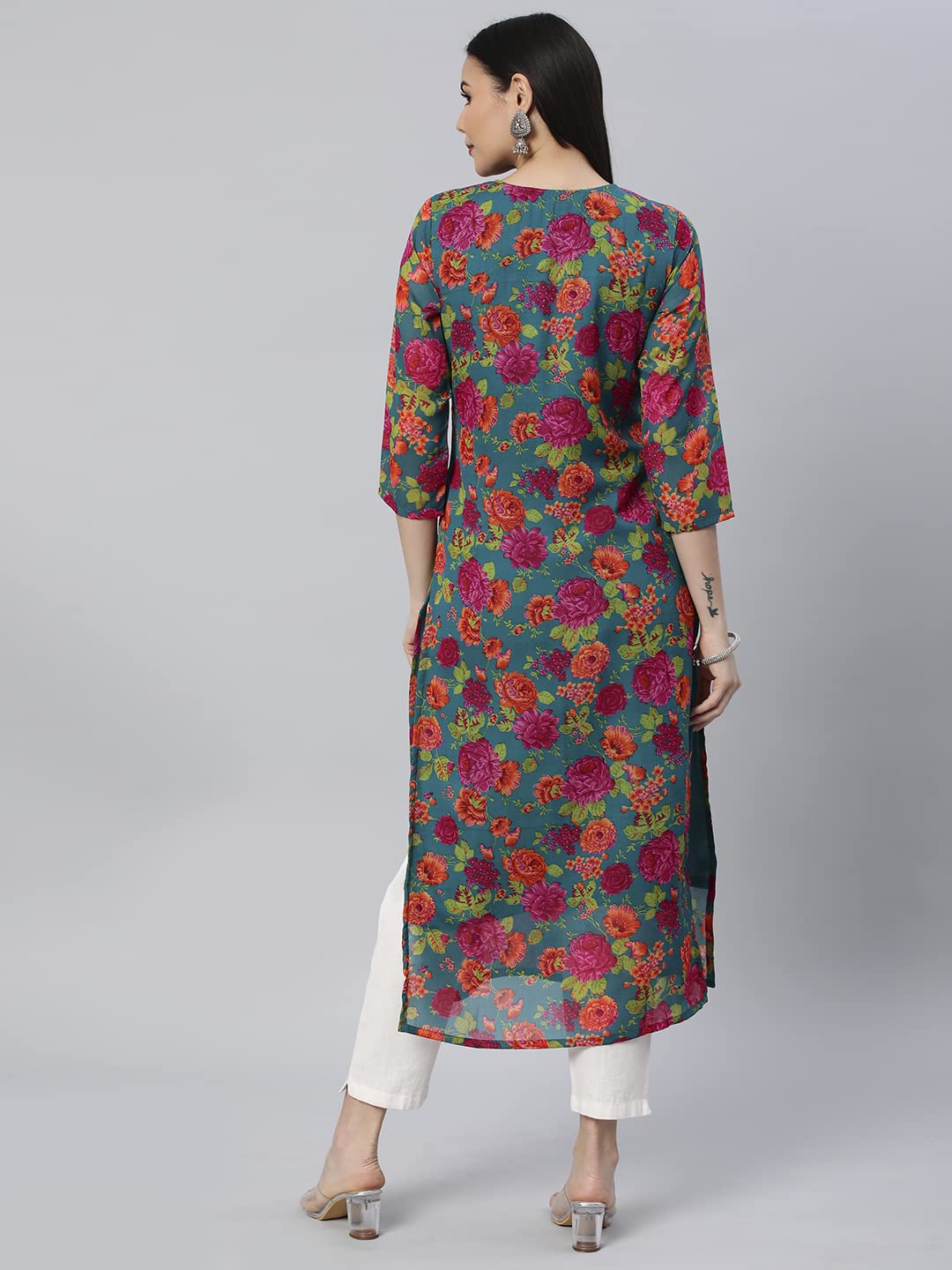 Anni Designer Women'S Printed Georgette Straight Chikankari Embroidered Kurta (Rama-Chikan_S_Rama_Small),Rama Multi,S,Georgette,Regular,kurta