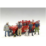 American Diorama Firefighters 6 Piece Figure Set (4 Males 1 Dog 1 Accessory) for 1/18 Scale Models