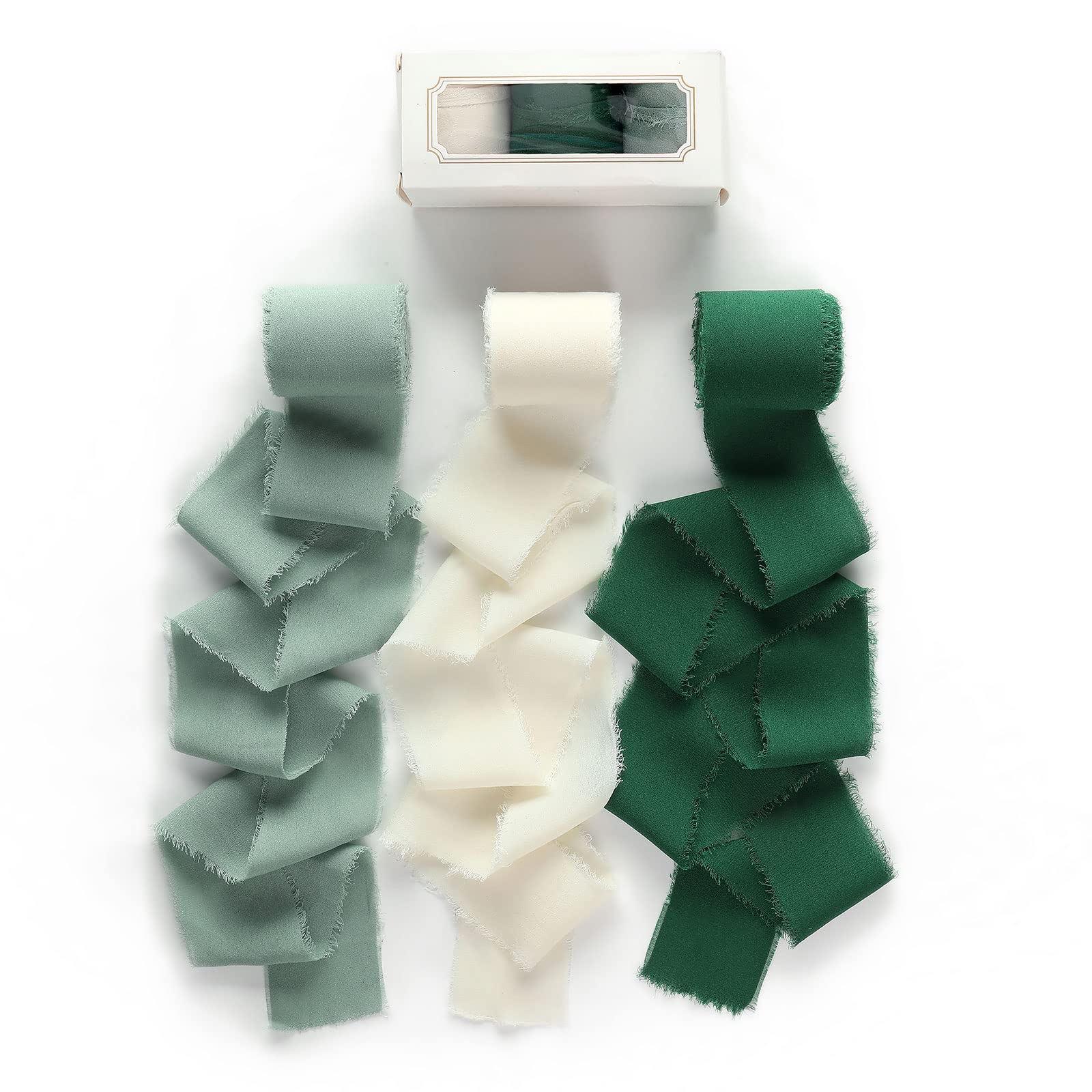 Pretty Jolly Green White Ribbon for Gift Wrapping 3 Rolls 2 Inch x 7Yd Silk Ribbons Handmade Fringe Fabric Ribbon for Flower Bou