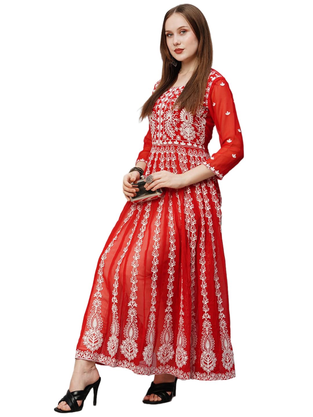 Gosriki Women'S Georgette Chikankari Embroidered Anarkali Kurti (Kari Red-Grt-Gs_S_Red_Small),Red,,B0CBPRR9RV