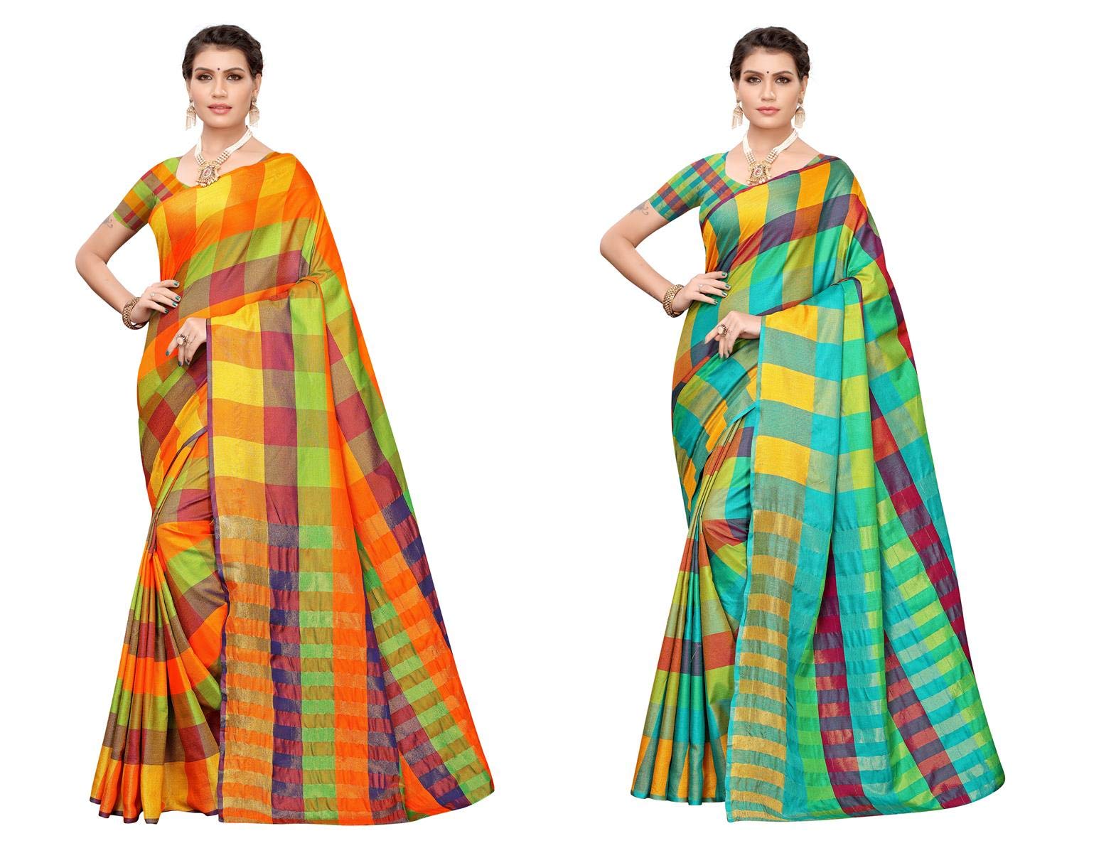 Gosriki Women'S Multi Color Art Silk Checks With Blouse Piece Sarees (Pack Of 2)(Art-Combo-160_Free Size),Multicolour,,B07Z56Z1CW