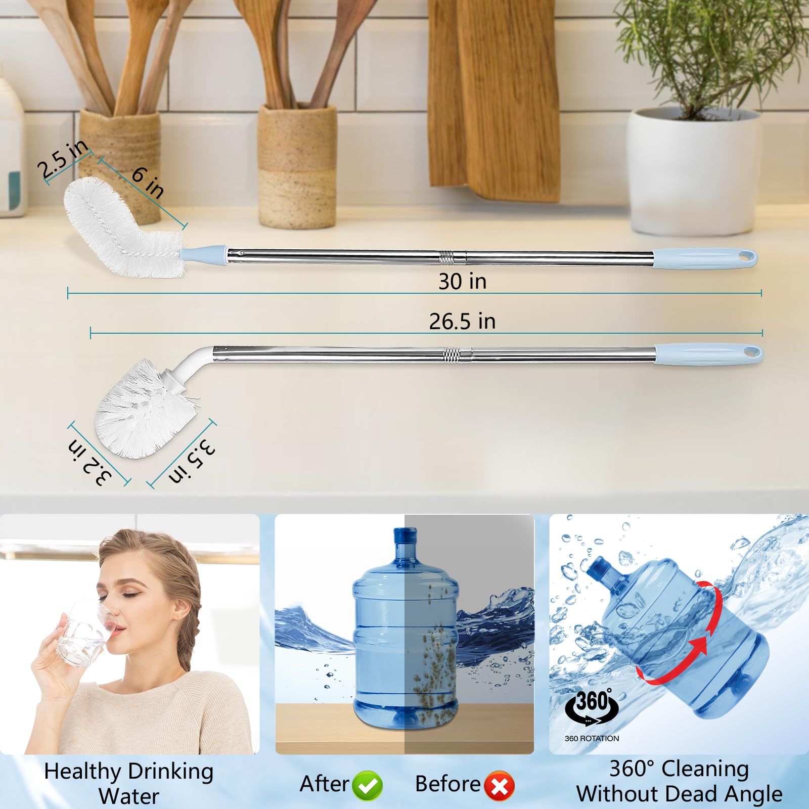 MBJRFU 2 Pack Stainless Steel Bucket Brush, Long Handle Cleaning Brush, Bendable and Replaceable Brush Head for 1 to 5 Gallon Bu