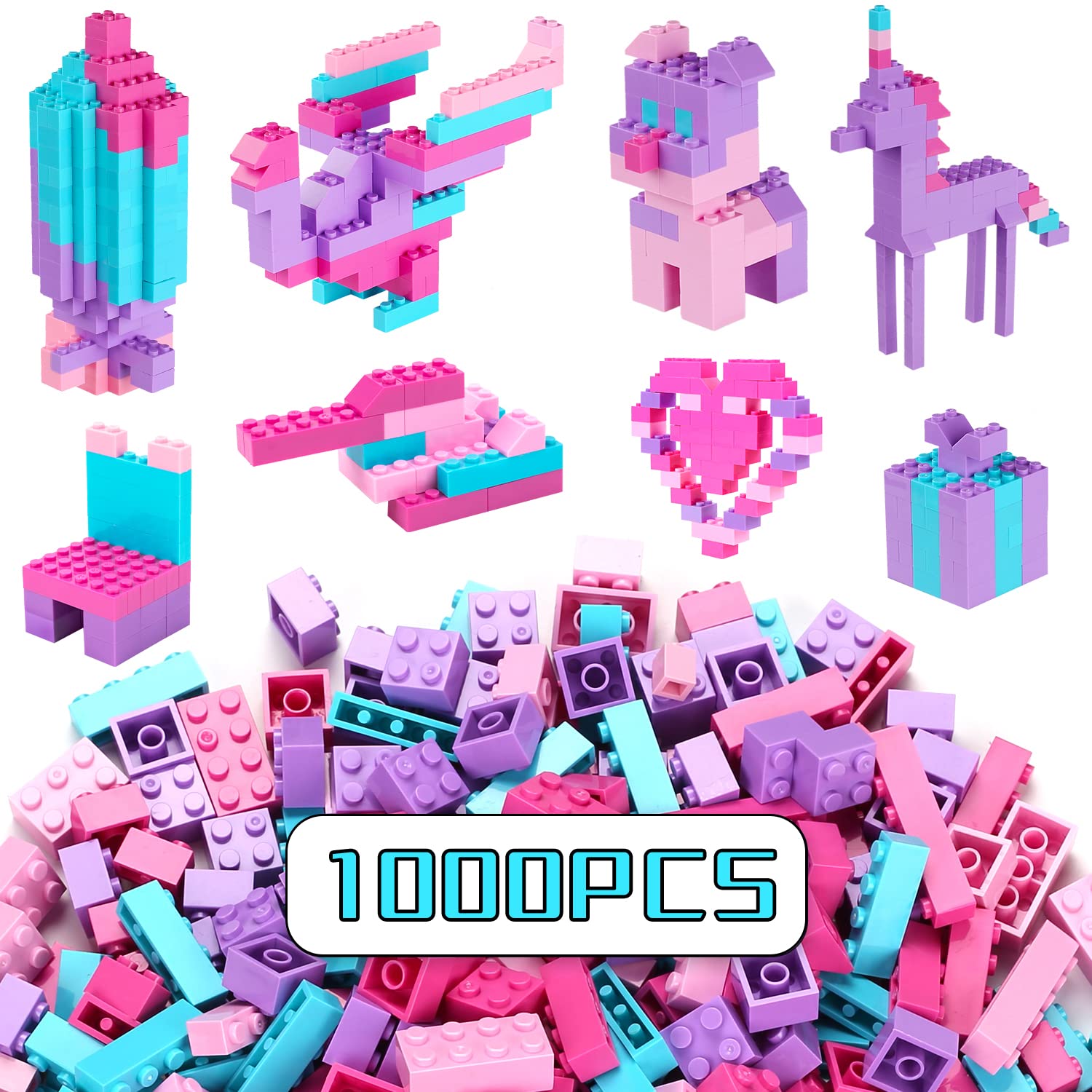 1000 PCS Building Bricks in 4 Girl Pastel Colors , Classic Creative Building Blocks Compatible with All Major Brands, Bulk Basic