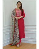 Gosriki Women'S Cotton Blend Straight Embroidered Kurta With Pant & Dupatta (Sanju Red-Gs_M_Red_Medium),Red,,B0D4ZGCFBL