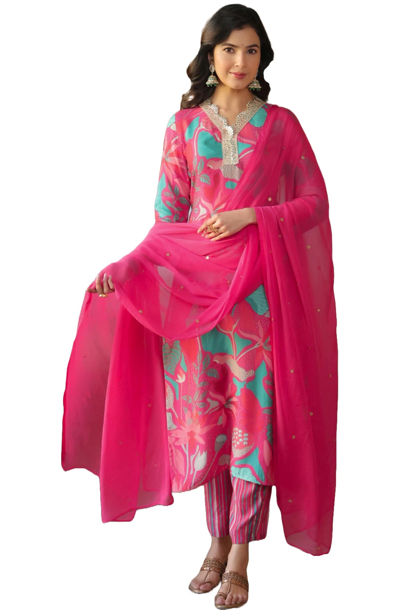 Anni Designer Women'S Cotton Blend Straight Printed Kurta With Pant & Dupatta (Toji Peach_S_Pink_Small),Pink,S