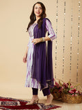 Gosriki Women'S Rayon Blend Straight Printed Kurta With Pant & Dupatta (Tiedye-Begani-Gs_S_Violet_Small),Violet,,B0CJ371MGC