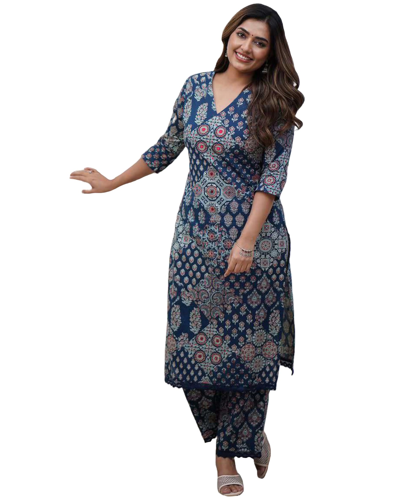 Anni Designer Women'S Rayon Viscose Straight Printed Kurta With Pant (Kadai Blue_L_Blue_Large),Blue,L
