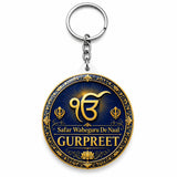 M Men Style Personalized Punjabi Sikh Theme Round Keychain With Custom Name & Message, Ik Onkar Khanda Design, Glossy Polymer Ta