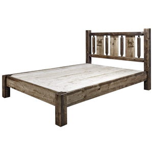 Montana Woodworks Homestead Collection Queen Platform Bed With Laser Engraved Elk Design, Stain & Clear Lacquer Finish