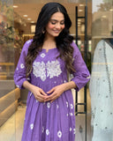 Anni Designer Women'S Rayon Blend Anarkali Printed Kurta With Pant (Anveshi Purple-Vks07_S_Purple_Small),Purple,S,,,