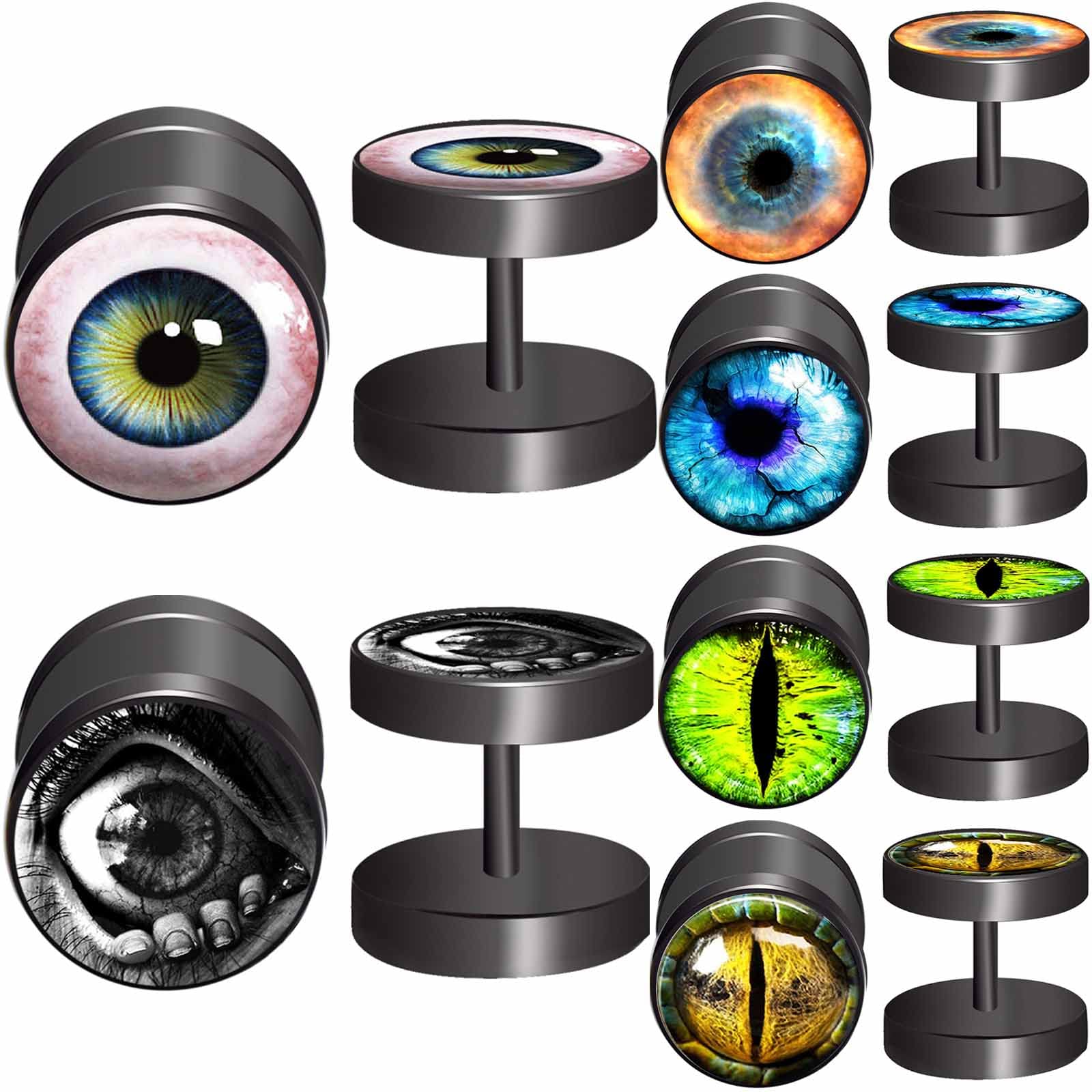 FLYUN 6Pairs Black Surgical Steel Eyeball Mens Earring Fake Gauge Earrings Men's Faux Plugs Earring for Men Studs with Screw Fla