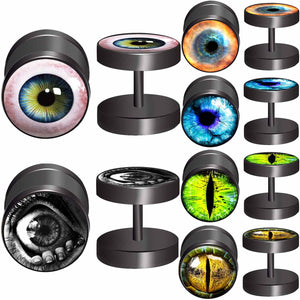 FLYUN 6Pairs Black Surgical Steel Eyeball Mens Earring Fake Gauge Earrings Men's Faux Plugs Earring for Men Studs with Screw Fla