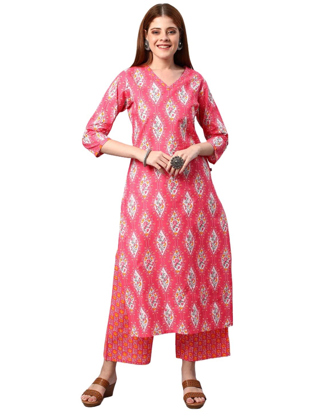 Anni Designer Women'S Cotton Blend Traditional Straight Printed Kurta And Pant Set (Pataka Pink Nw_M_Pink_Medium),Pink,M