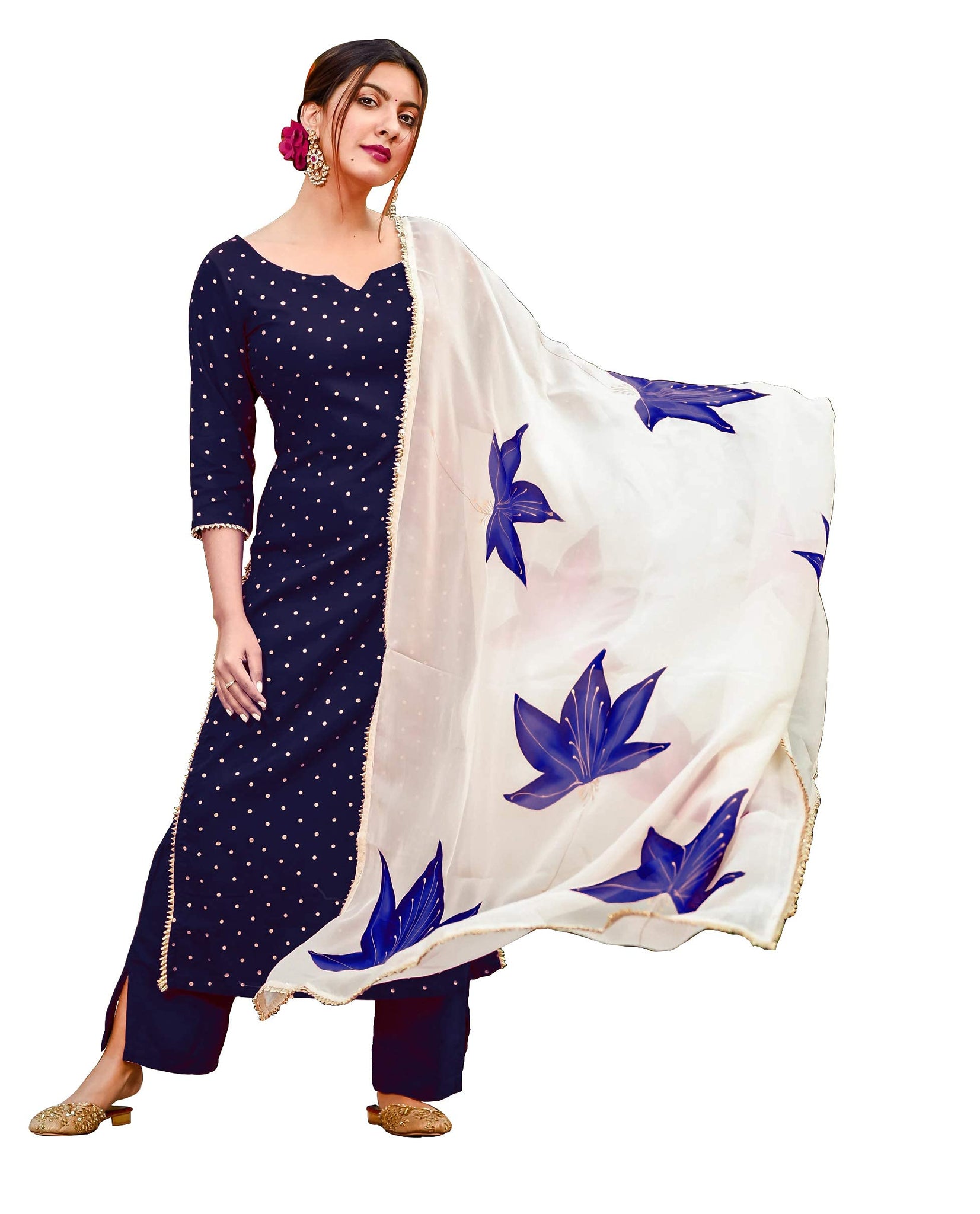 Gosriki Women'S Cotton Blend Handpainted Printed Kurta With Palazzo & Dupatta (Rayon Blue-Jan02-Gs_Xxl_Blue_Xx-Large),Blue,2,B0BSR2F1H5