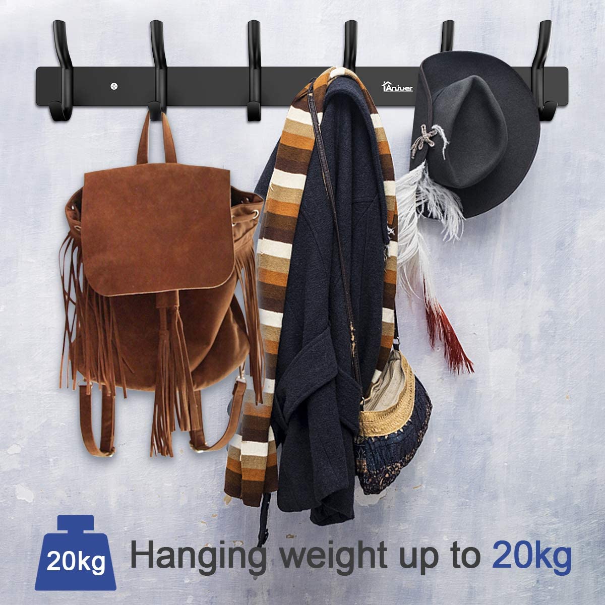 Anjuer Coat Hanger Clothes Rack 6 Hooks Heavy Duty Clothes Hat Holder Aluminum Alloy Black
