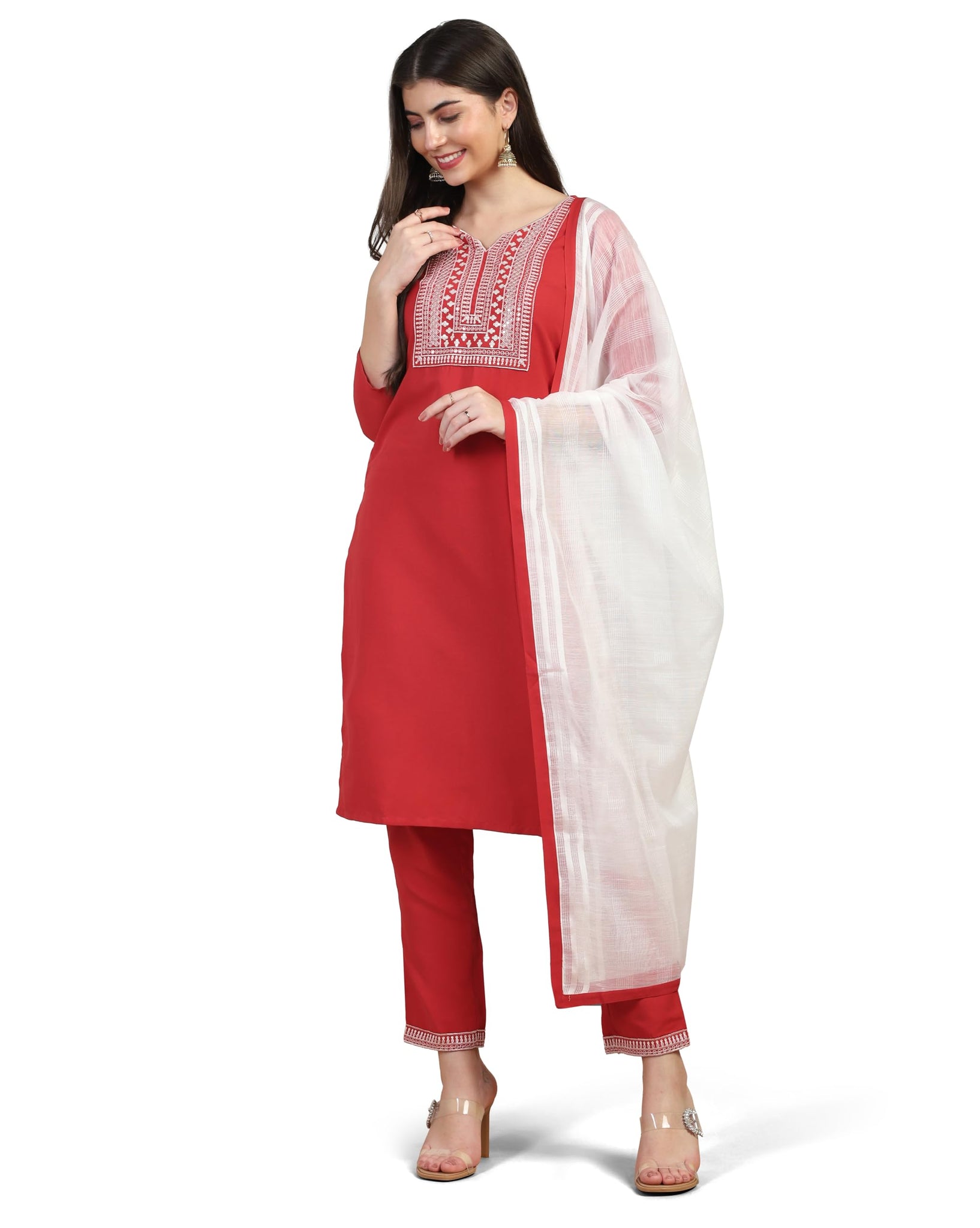 Toplot Women'S Solid Straight Kurta With Pant & Dupatta|Kurta Pant Set With Dupatta (Straight-Kurta-Pant-5197-Red-Xxl),Red,2,B0DCNJYV38