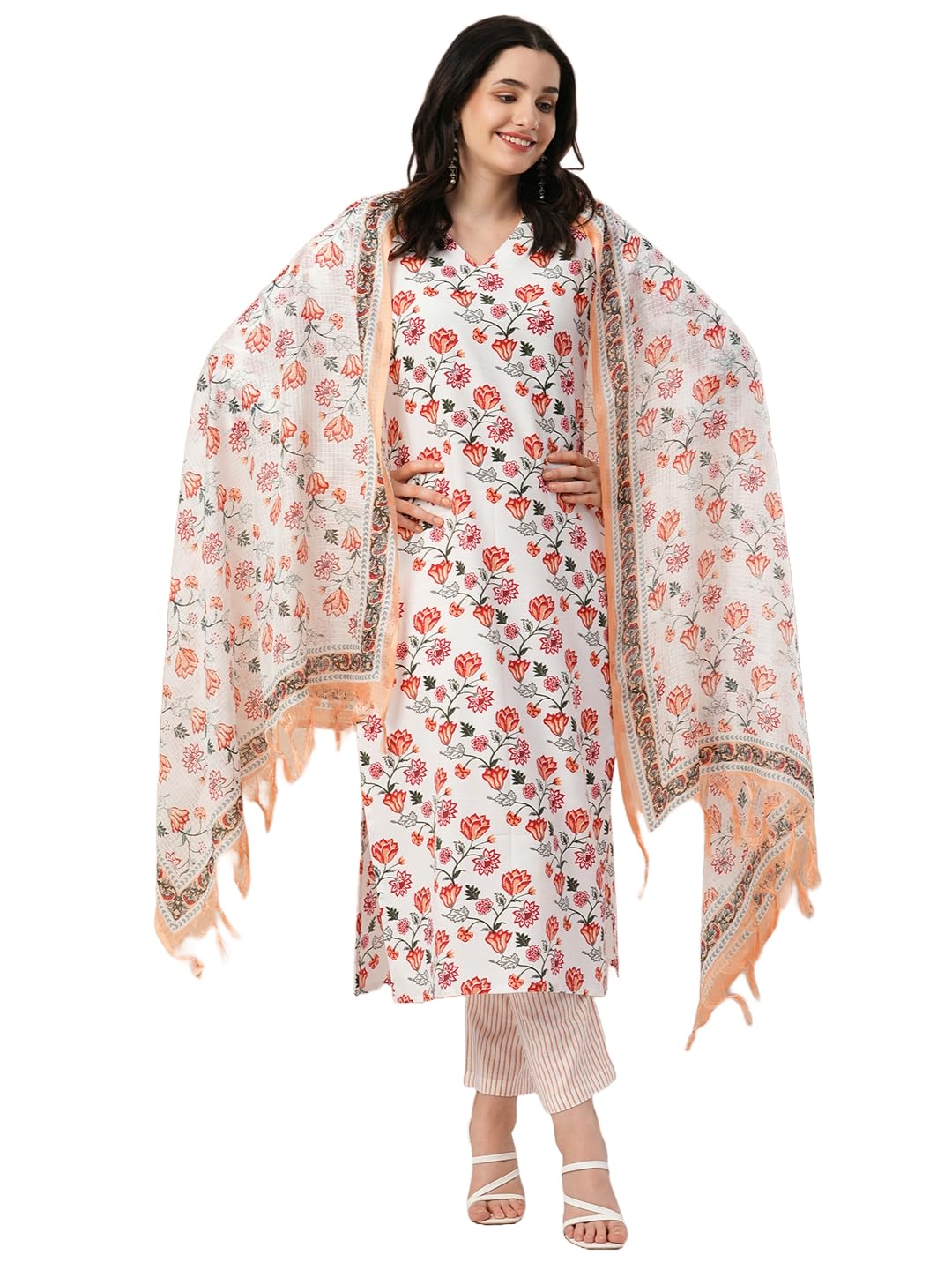Anni Designer Women'S Rayon Blend Straight Printed Kurta With Pant & Dupatta (Mogri White-Nw_M_White_Medium),White,M